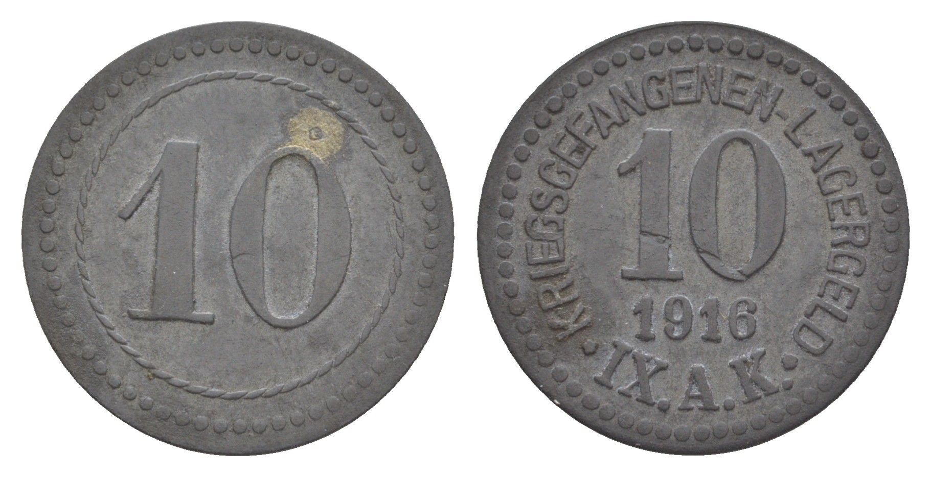 Гюстров 10 пфеннигов 1916 Лагерь для военнопленных IX A.K. Men05 9961.5, Men18 12411.5 цинк 1527-1414