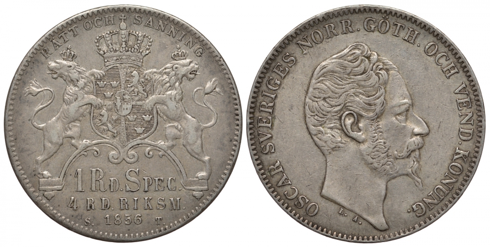 Швеция 1 риксдалер 1856 Оскар I (1844-1859) KM 689, Ahlstroem 56b, Dav. 355 серебро 00-00