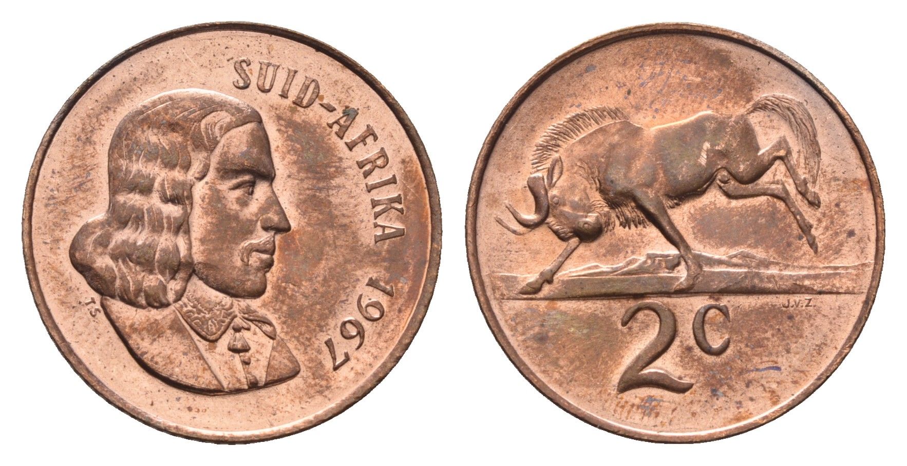 ЮАР 2 цента 1967 Ян ван Рибек (1619-1677), Suid Africa, легенда на африкаанс, антилопа гну KM 66.2 бронза UNC 4693-243