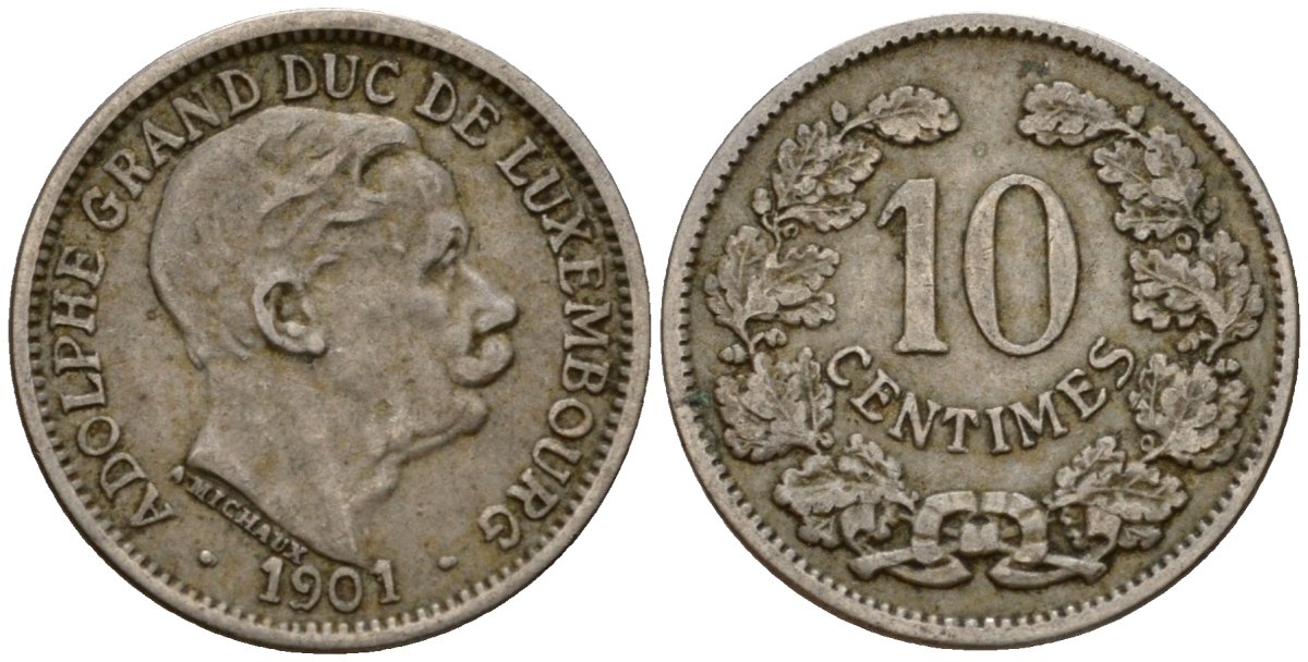 Люксембург 10 сантимов 1901 Адольф (1890-1905) KM 25 медно-никель 4602-444