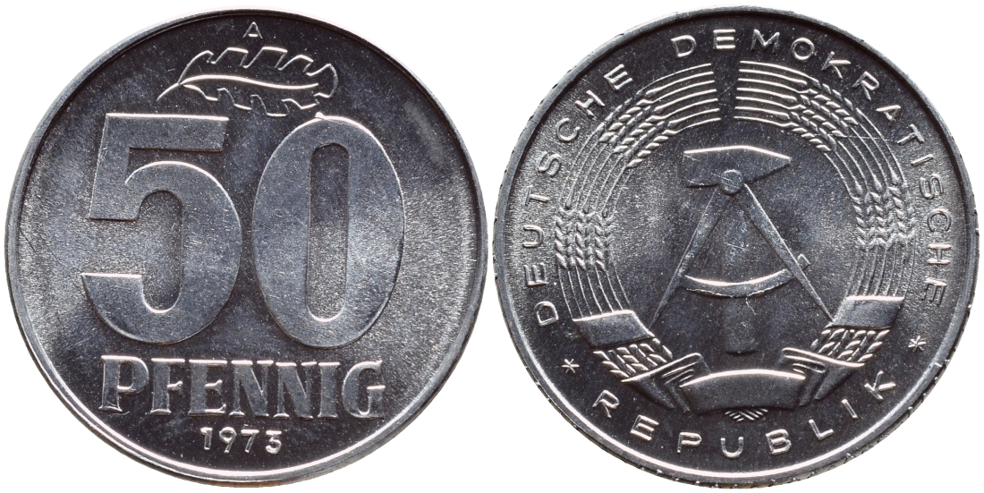 ГДР 50 пфеннигов 1973 А KM 12.2 алюминий UNC 4606-1155