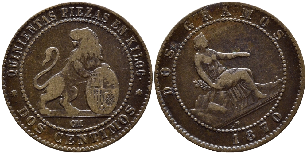 ИСПАНИЯ 2 СЕНТИМО 1870 OM KM 661 медь 4391-117