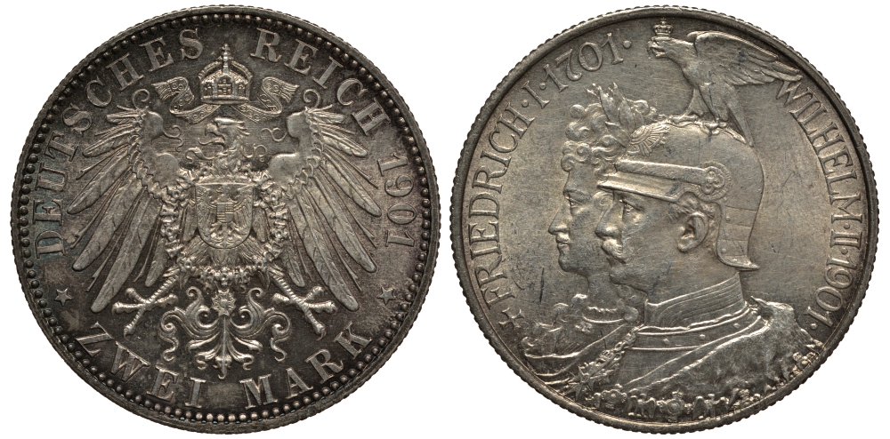 Пруссия 2 марки 1901 A, 200 лет Прусской королевской династии (Фридрих I - Вильгельм II) J.105, Weege 105, KM 525 серебро 3711-1044