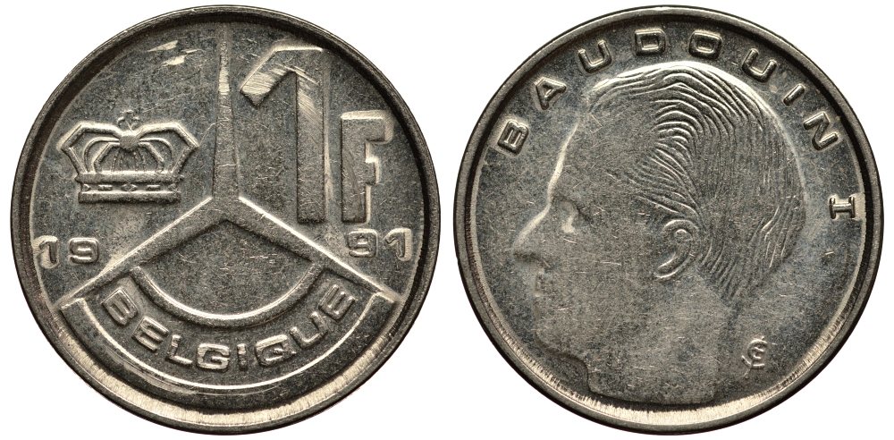 БЕЛЬГИЯ 1 ФРАНК 1991 БОДУЭН KM 188 железо плакированное никелем XF- 4181-327