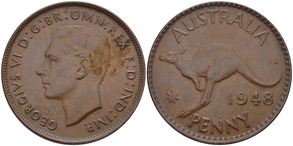 АВСТРАЛИЯ 1 ПЕННИ 1948 m, ГЕОРГ VI (1936-1952), КЕНГУРУ KM 36 бронза 82-745