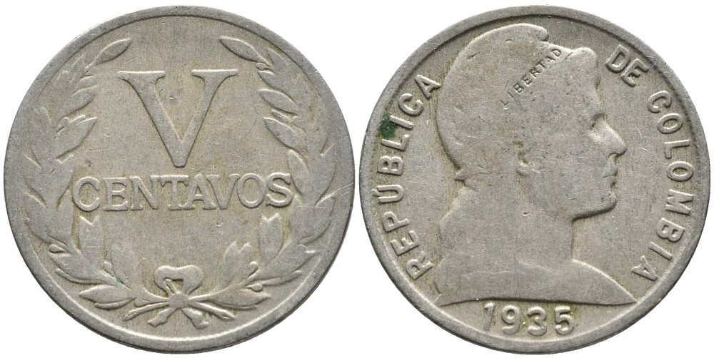 КОЛУМБИЯ 5 СЕНТАВО 1935 KM 199 медно-никель 4532-214
