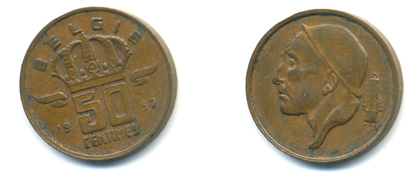 Бельгия 50 сантимов 1957 Belgie, Бодуэн I (1951-1993) KM 149.1 бронза 86-1312