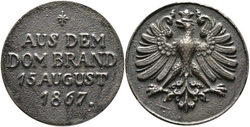 ФРАНКФУРТ МЕДАЛЬ 1867 ПОЖАР 15 АВГУСТА 1867 ГОДА В ФРАНКФУРТЕ НА МАЙНЕ (ПОЖАР В КАФЕДРАЛЬНОМ СОБОРЕ), ДИАМЕТР 38 ММ., ВЕС 27,6 ГР. J.u.F.1348 свинец 02-208-32