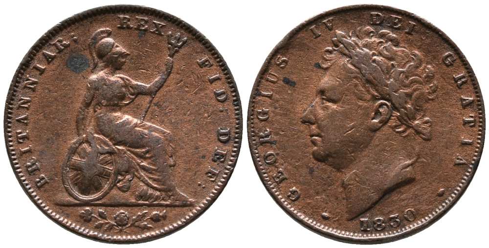 Великобритания 1 фартинг 1830 Георг IV (1820-1830) KM 697, Spink 3825 медь 1518-614