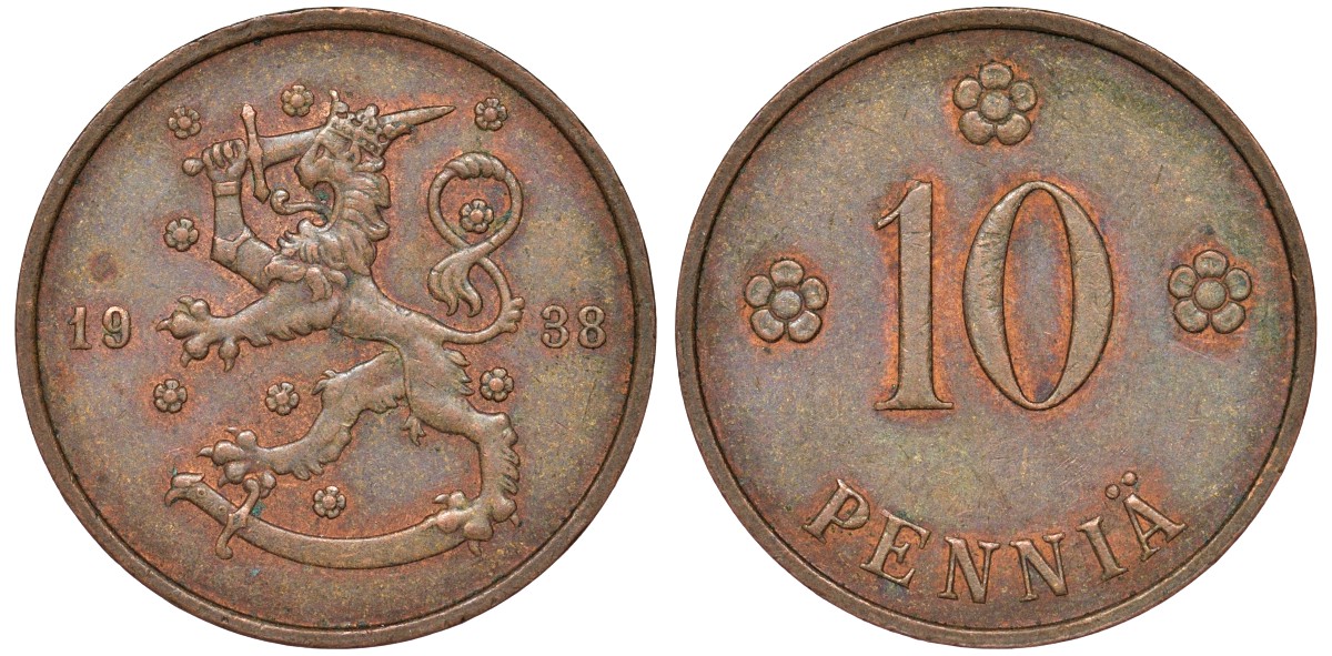 Финляндия 10 пенни 1938 KM 24 медь 51-3032
