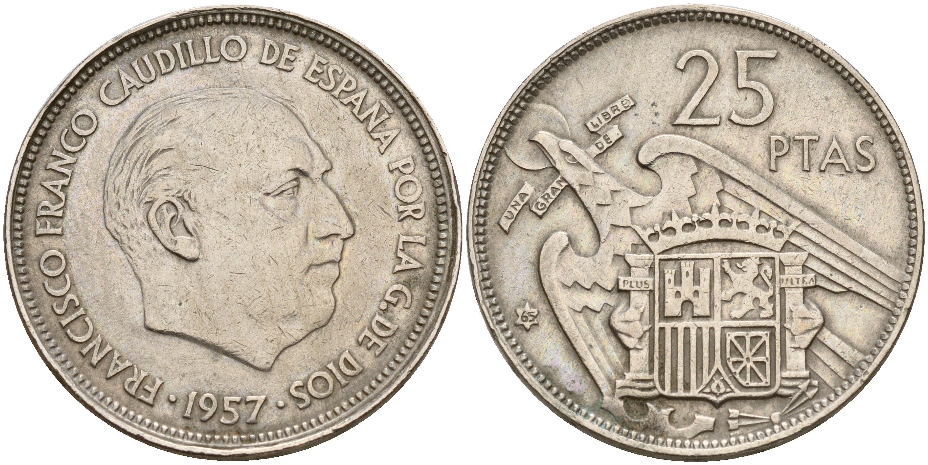 Испания 25 песет 1957 (69) Франциско Франко (1939-1975) KM 787 медно-никель    4601-1024