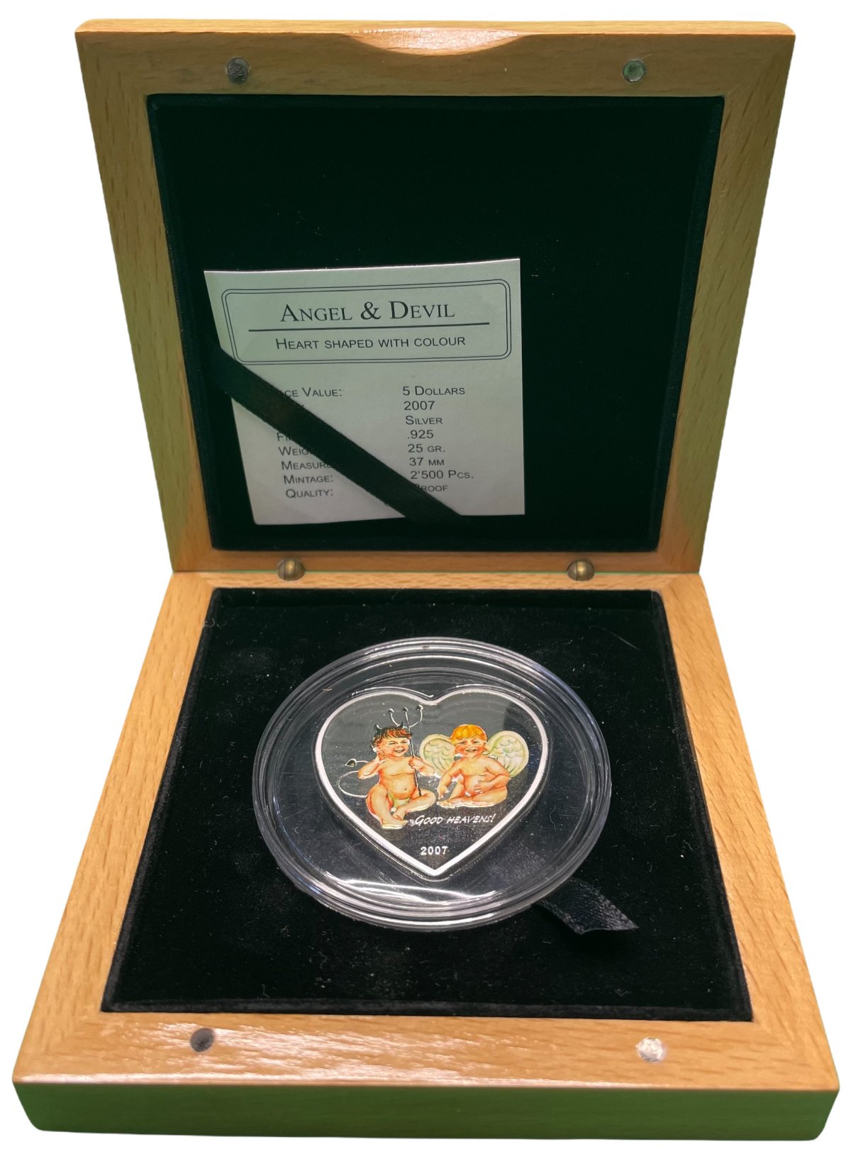 Палау 5 долларов 2007 Ангелочки, монета в форме сердца (монета влюбленных), тираж 2500 экз, сертификат, коробочка серебро PROOF 7-4-2-18
