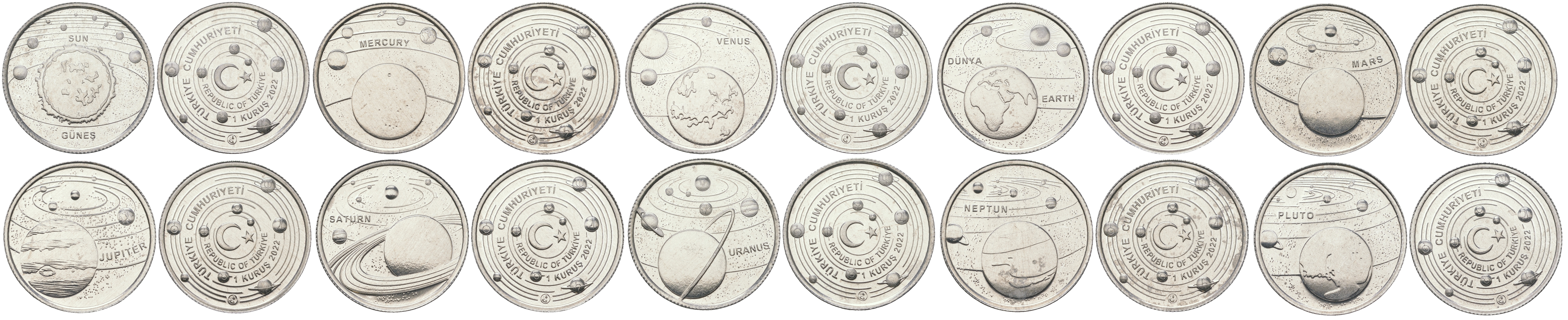 Турция лот из 10 монет номиналом 1 куруш 2022 планеты солнечной системы KM NEW алюминий  UNC  M9-08