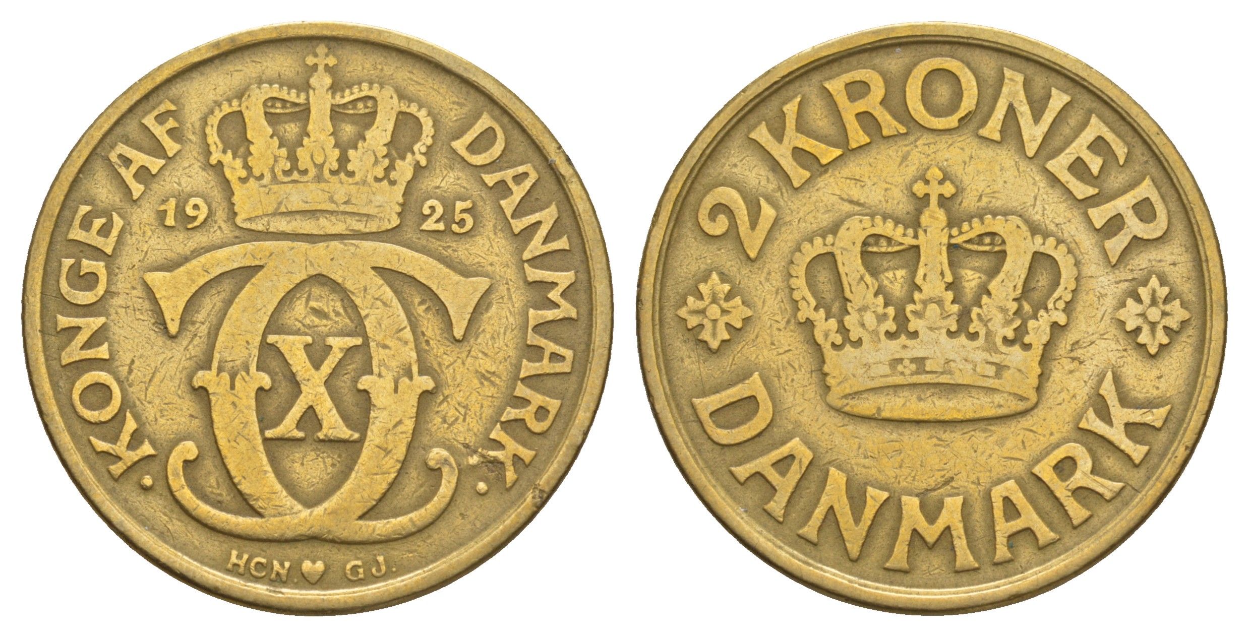 Дания 2 кроны 1925 HCN; GJ, Кристиан X (1912-1947) KM 825 алюминиевая бронза 82-1043