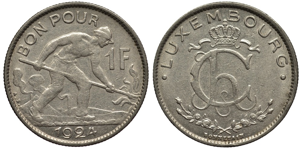 ЛЮКСЕМБУРГ 1 ФРАНК 1924 СТАЛЕВАР, ДИАМЕТР 22,8 ММ., ВЕЛИКАЯ ГЕРЦОГИНЯ ШАРЛОТТА (1919-1964) KM 35 никель 4538-852