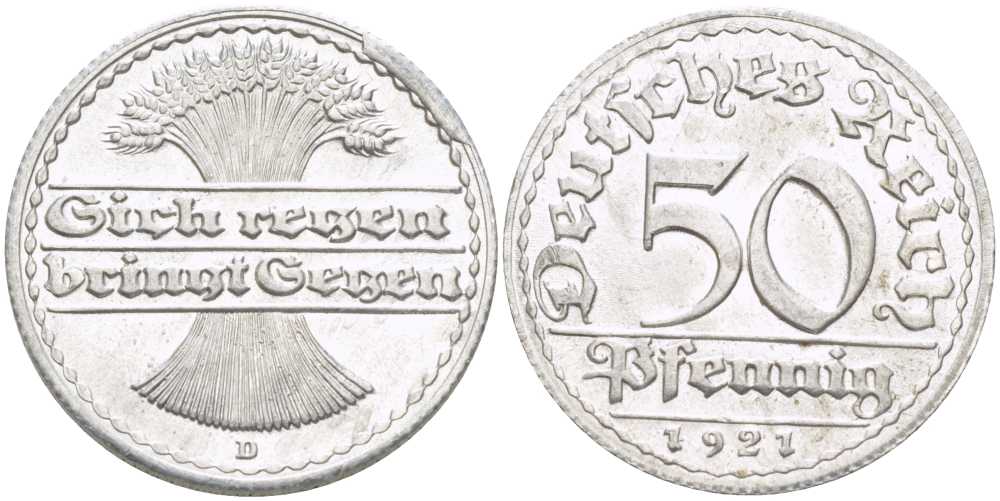 ГЕРМАНИЯ 50 ПФЕННИГОВ 1921 D KM 27, J. 301, Weege 10 алюминий 261-341
