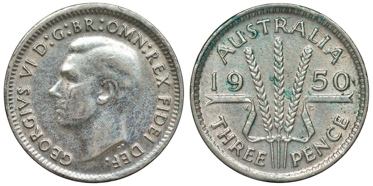 Австралия 3 пенса 1950 m, Георг VI (1937-1952), без букв KM 44 серебро 71-254