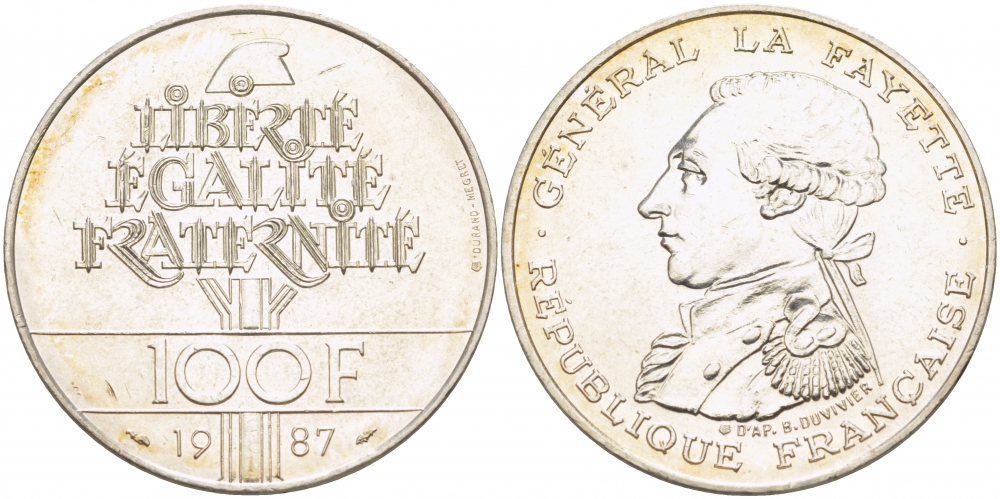 Франция 100 франков 1987 230 лет со дня рождения генерала Лафайета KM 962 серебро UNC 1074-6-61