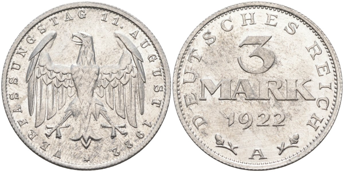 Германия 3 марки 1922 A, третья годовщина Веймарской Конституции KM 29, J.303 алюминий 4587-331