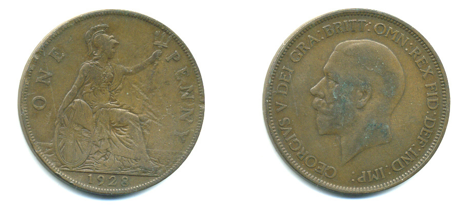 Великобритания 1 пенни 1928 Георг V (1910-1936) КМ 826, Spink 4054 бронза 4383-635
