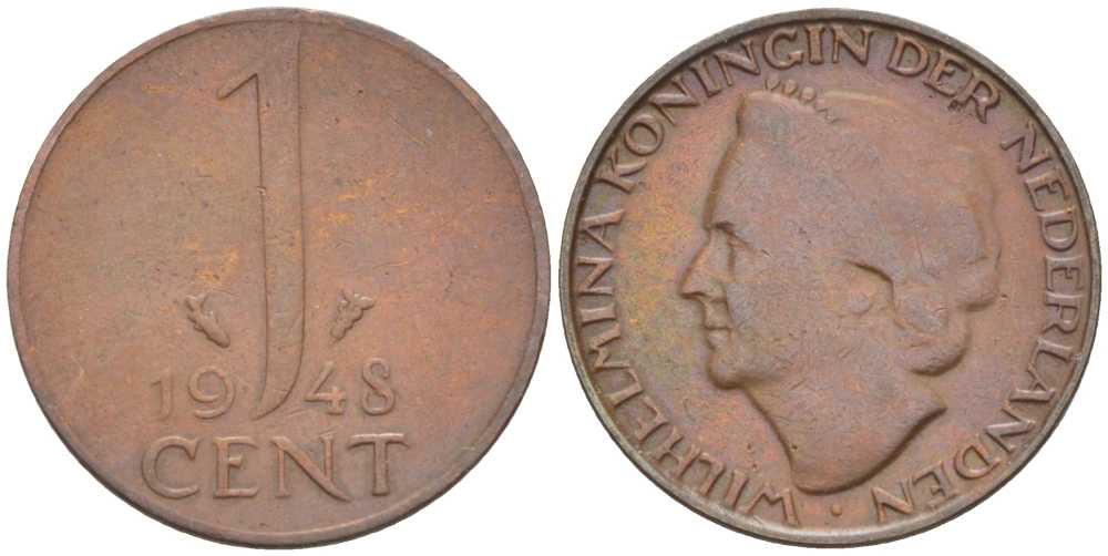 Нидерланды 1 цент 1948 Вильгельмина (1890-1948), год тип KM 175 бронза 211-717
