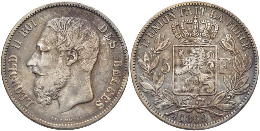 Бельгия 5 франков 1869 Леопольд II (1865-1909) KM 24 серебро 5010-842
