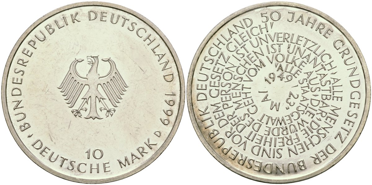 ФРГ 10 марок 1999 D, 50 лет конституции ФРГ KM 196 серебро UNC 02-222-45
