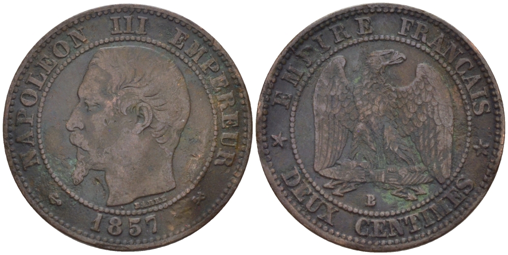 ФРАНЦИЯ 2 САНТИМА 1857 В, НАПОЛЕОН III KM 776.2 бронза 100-356