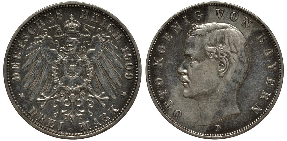 Бавария 3 марки 1909 Отто (1886-1913) Weege 45, J. 47, KM 515 серебро 3711-1924