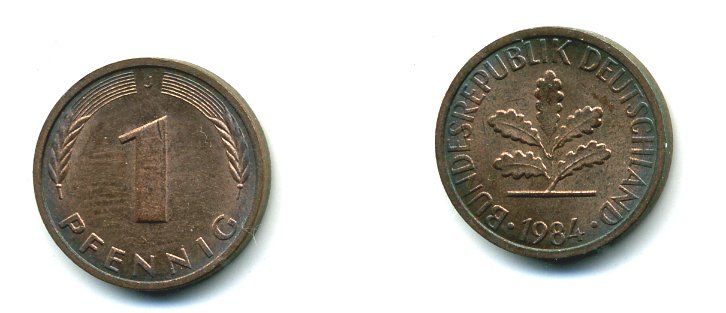 ФРГ 1 ПФЕННИГ 1984 J KM 105, J.380 сталь плакированная медью 46-2017