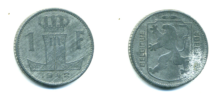 БЕЛЬГИЯ 1 ФРАНК 1942 BELGIQUE-BELGIE, ГЕРМАНСКАЯ ОККУПАЦИЯ, ВТОРАЯ МИРОВАЯ ВОЙНА KM 127 цинк 59-1624