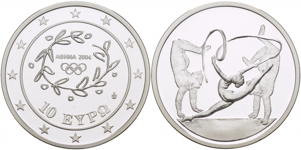 Греция 10 евро 2003 XXVIII летние Олимпийские игры 2004 года в Афинах, художественная гимнастика KM 199 серебро PROOF 04-174-45
