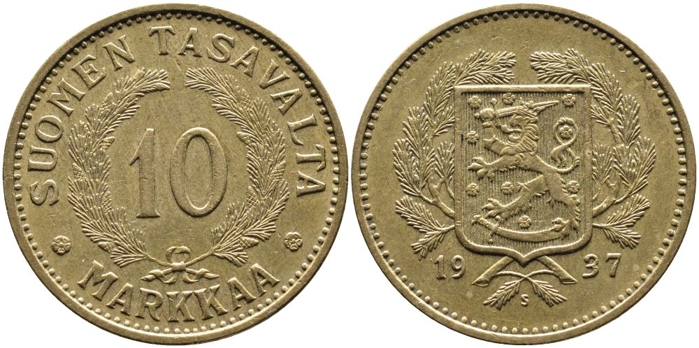 Финляндия 10 марок 1937 S KM 63 алюминиевая бронза 4388-1057