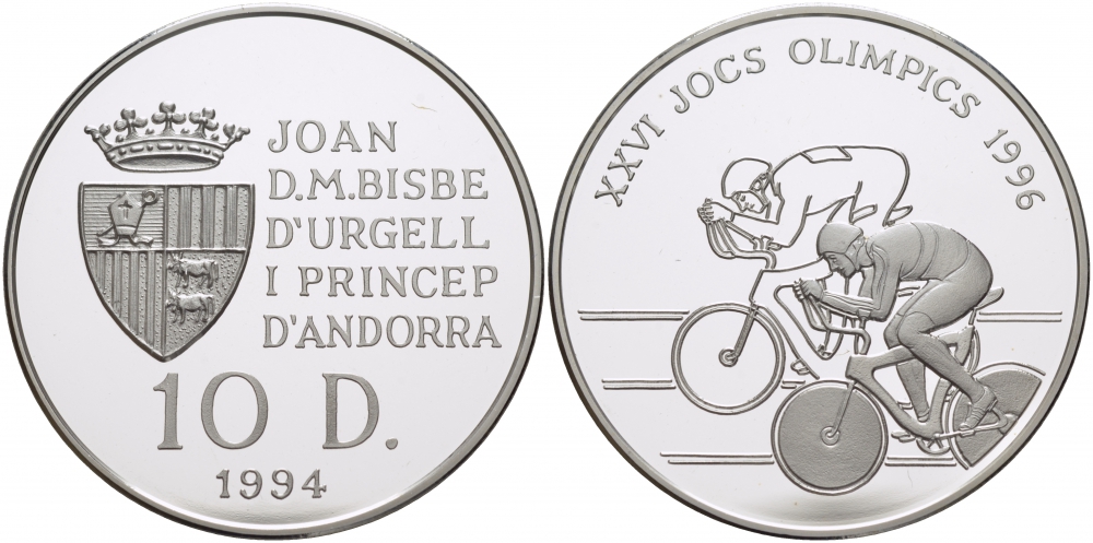 Андорра 10 динеров 1994 XXVI Олимпийские игры 1996 года велоспорт KM 95 серебро PROOF 11-268-35