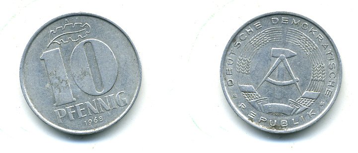 ГДР 10 пфеннигов 1968 А KM 10 алюминий 59-1342