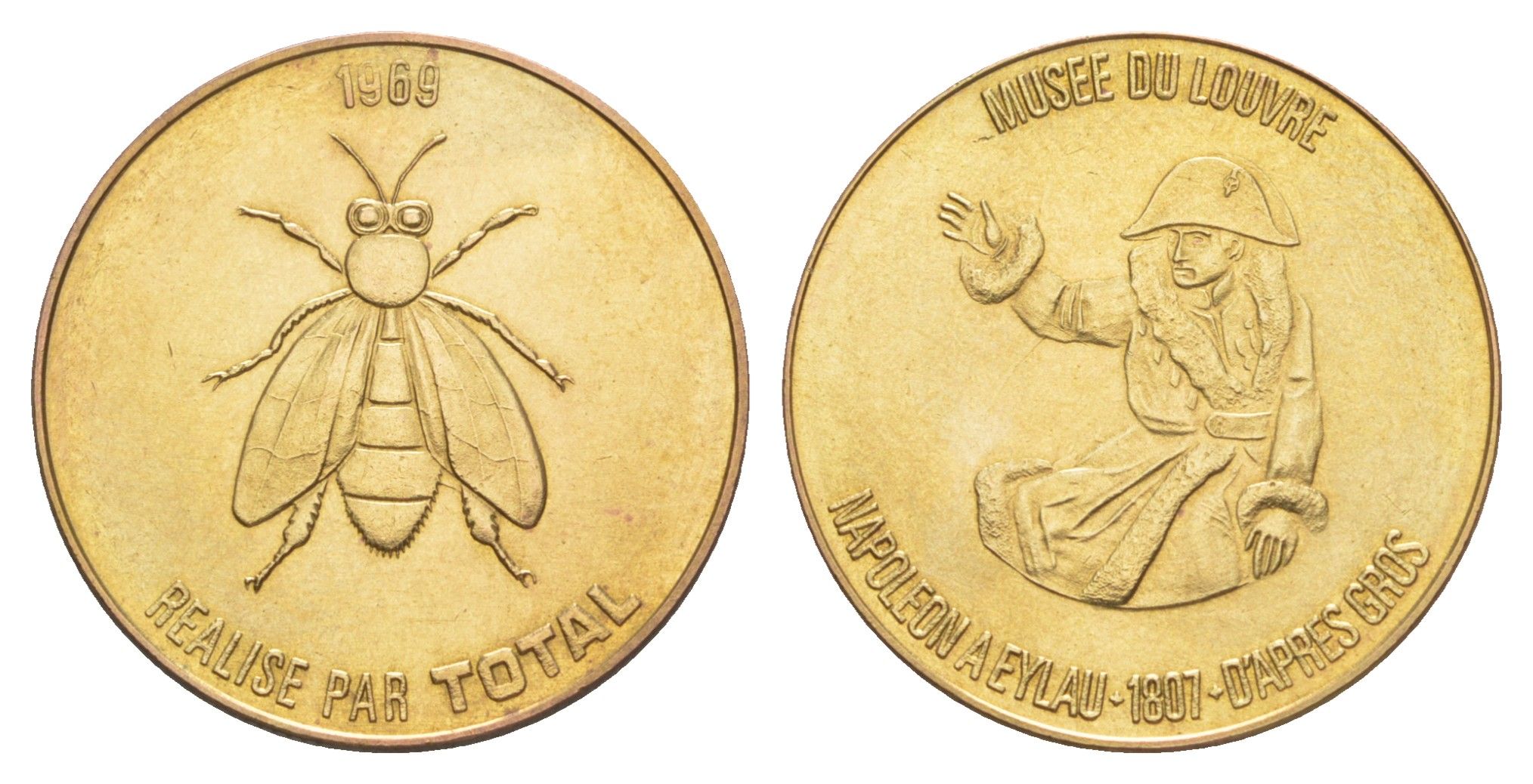 Франция жетон к 200-летию со дня рождения Наполеона-Бонапарта "Лувр - битва при Прейсиш-Эйлау" 1969 компания Total, диаметр 25,8 мм, вес 5 гр железо плакированная латунью UNC 4637-541