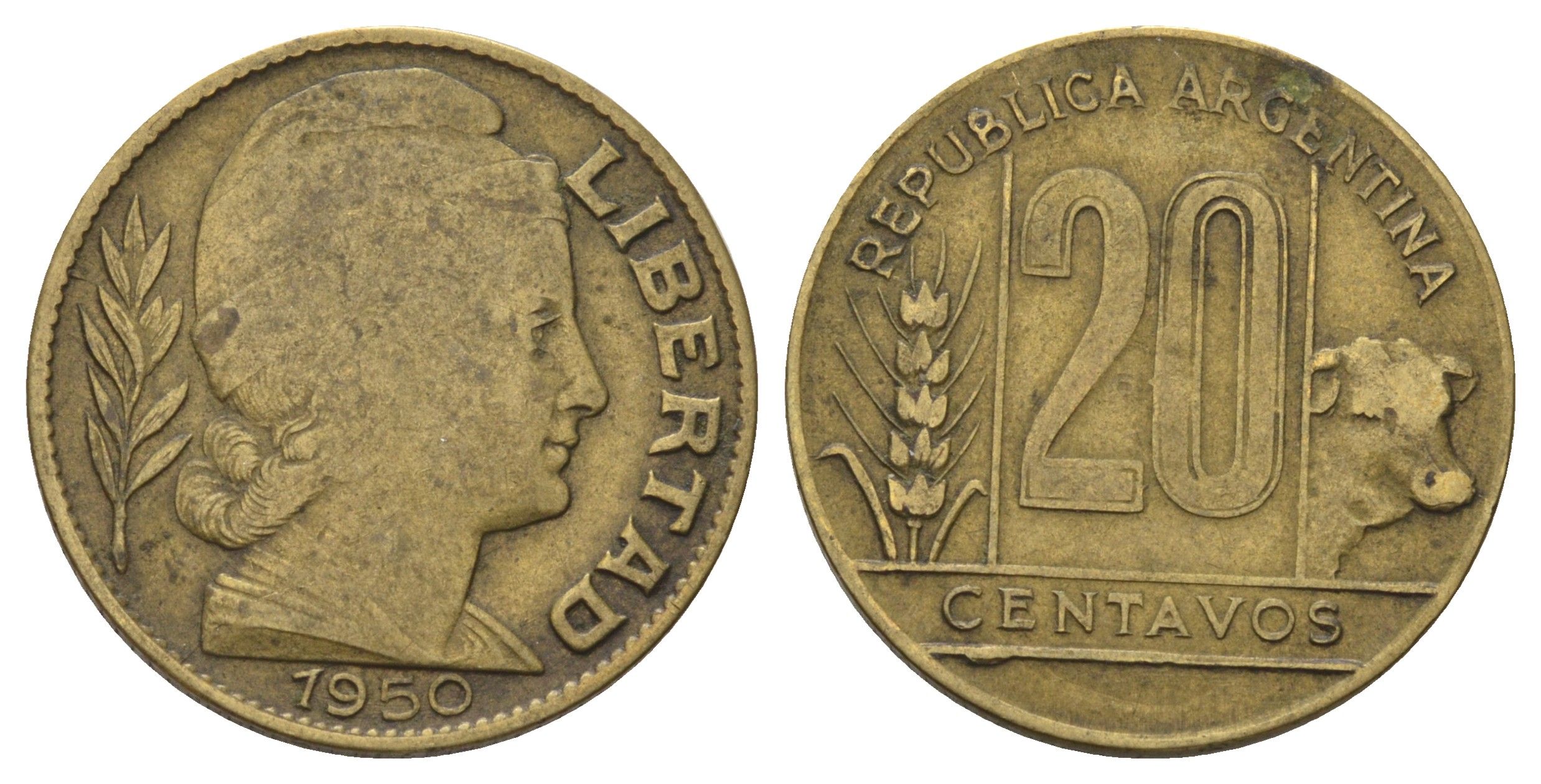 Аргентина 20 сентаво 1950 KM 42 алюминиевая бронза 4571-652