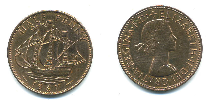 Великобритания 1/2 пенни 1967 Елизавета II (1952-2022) KM 896, Spink 4158 бронза 59-924