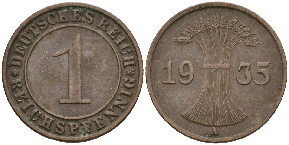 Германия 1 рейхспфенниг 1935 A KM 37, J. 313 бронза 4528-567