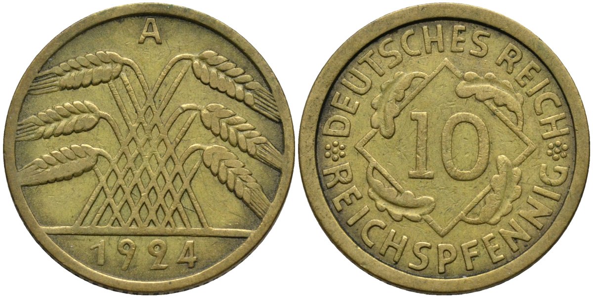 Германия 10 рейхспфеннигов 1924 A KM 40 алюминиевая бронза 4171-321
