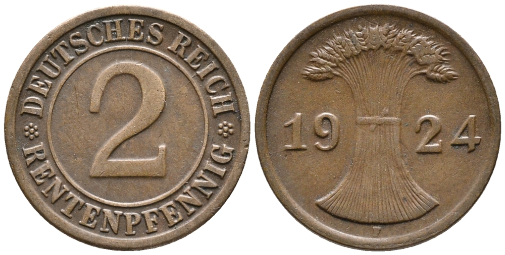 ГЕРМАНИЯ 2 РЕНТЕНПФЕННИГА 1924 F KM 31, J. 307 бронза 24-617