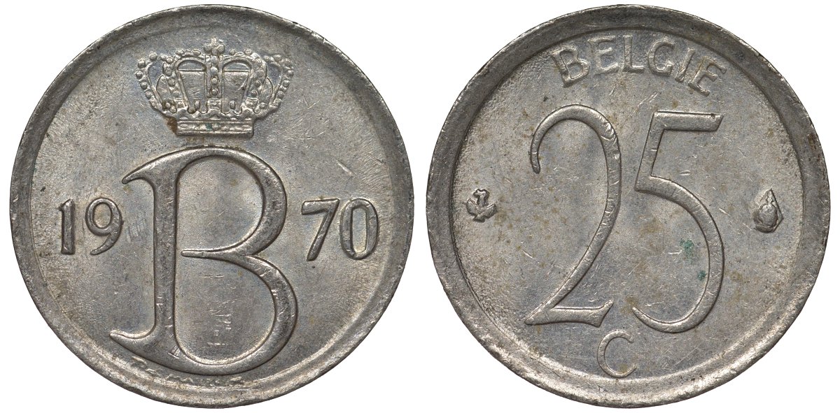 Бельгия 25 сантимов 1970 Belgie, Бодуэн I (1951-1993) KM 154.1 медно-никель 4124-541
