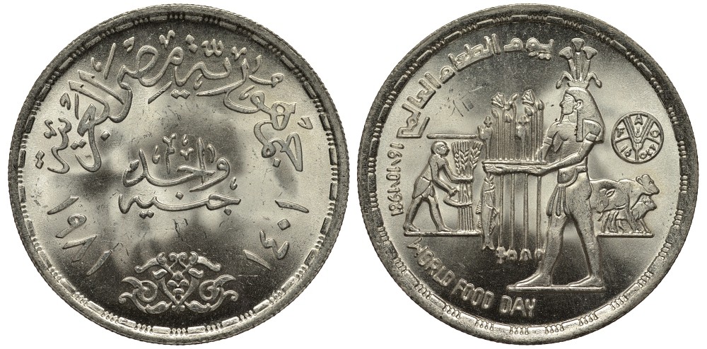 Египет 1 фунт 1981 АН1401, FAO, всемирный день еды,земледелец, быки, тираж 50000 экз. KM 523 серебро UNC 1519-645
