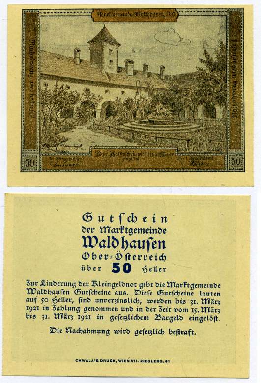 Австрия, Вальдхаузен 50 геллеров 1921 15-31 марта 1921, нотгельд, ярмарочная коммуна в Нижней Австрии   бумага  UNC (пресс) 7221-36-1-1