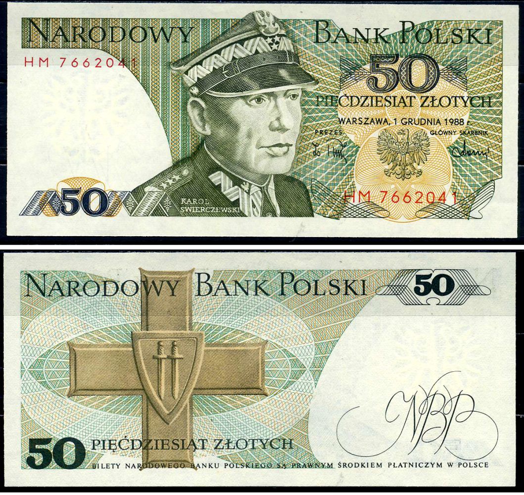 Польша 50 злотых 1988 Кароль Сверчевский, знак Грюнвальдского ордена Pick 142 c бумага UNC (пресс) 8603-31-3-1