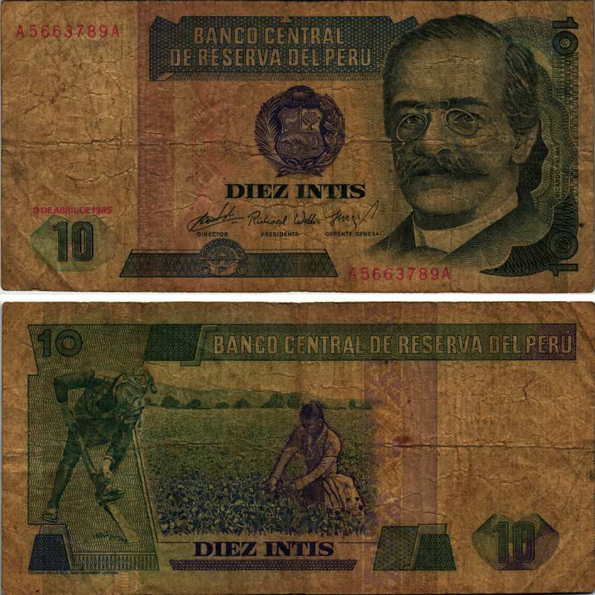 Перу 10 инти 1985 Рикардо Пальма, писатель, ученый, библиотекарь Pick 128 бумага 7221-20-2-2