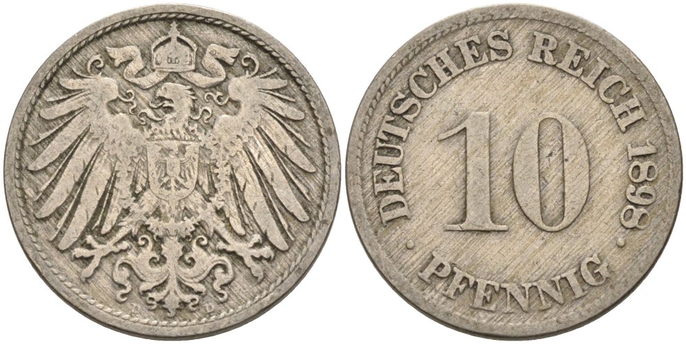 Германия 10 пфеннигов 1898 D KM 12, J. 13 медно-никель 4575-547