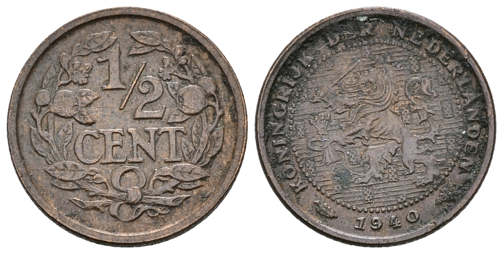 НИДЕРЛАНДЫ 1/2 ЦЕНТА 1940 ВИЛЬГЕЛЬМИНА (1890-1948) KM 138 бронза 61-647