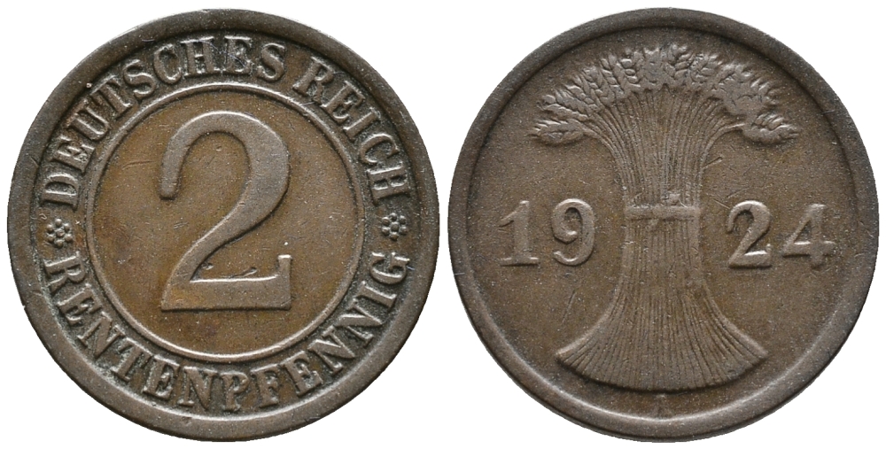 ГЕРМАНИЯ 2 РЕНТЕНПФЕННИГА 1924 A KM 31, J. 307 бронза 24-642