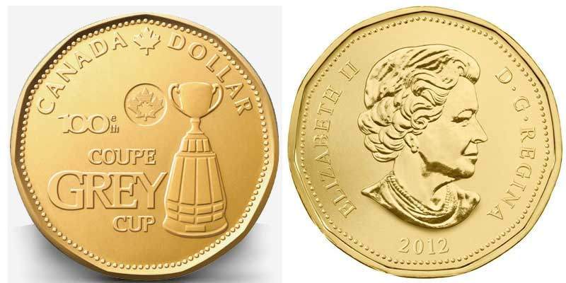 Канада 1 доллар 2012 100-ый кубок Грея (чемпионат канадской футбольной лиги) KM 1295 никель плакированный бронзой UNC M45-15